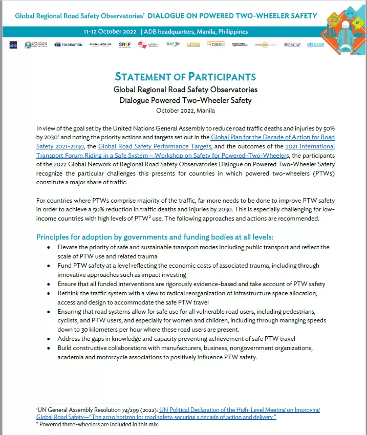 STATEMENT OF PARTICIPANTS Global Regional Road Safety Observatories' Dialogue Powered Two-Wheeler Safety